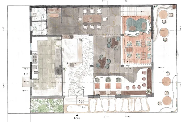 Watercolour ground-floor plan of the Atelier Cafe.