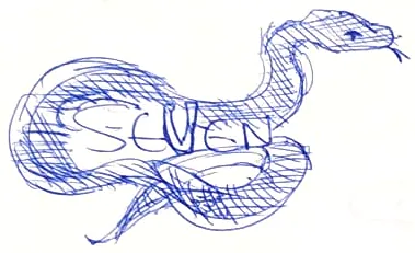 A snake coiled round the word SEVEN, in blue ballpoint.