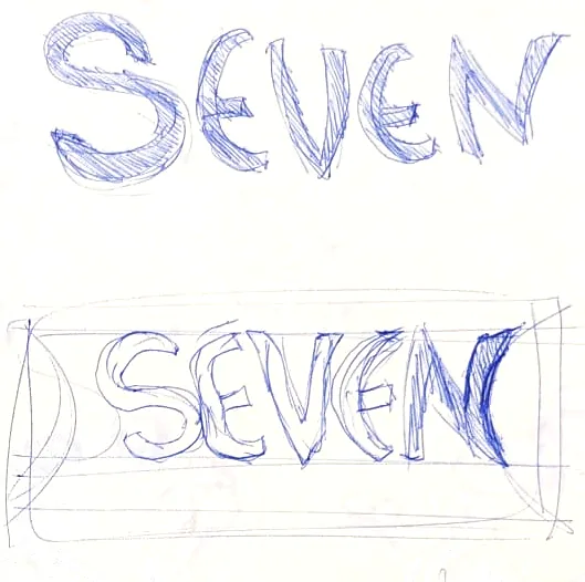SEVEN lettered three ways in blue ballpoint: open capitals, framed capitals, and a script.