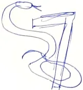 A numeral 7 with a snake wound loosely round its stem, in blue ballpoint.