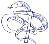 A numeral 7 with a snake knotted round it, its head raised, in blue ballpoint.