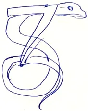 A numeral 7 with a snake lying along its top bar and coiling down the stem, in blue ballpoint.
