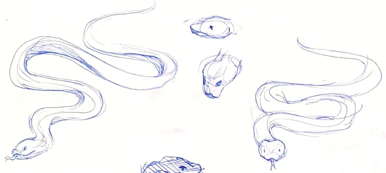 Blue ballpoint serpent studies: three long snakes and a snake’s head.