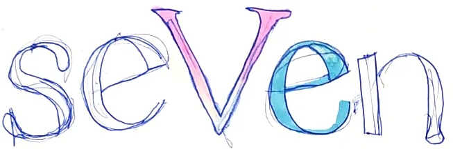 seVen in lower case, the V pink and the second e teal.