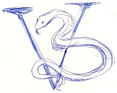 A snake wrapped round a tall V, in blue ballpoint.