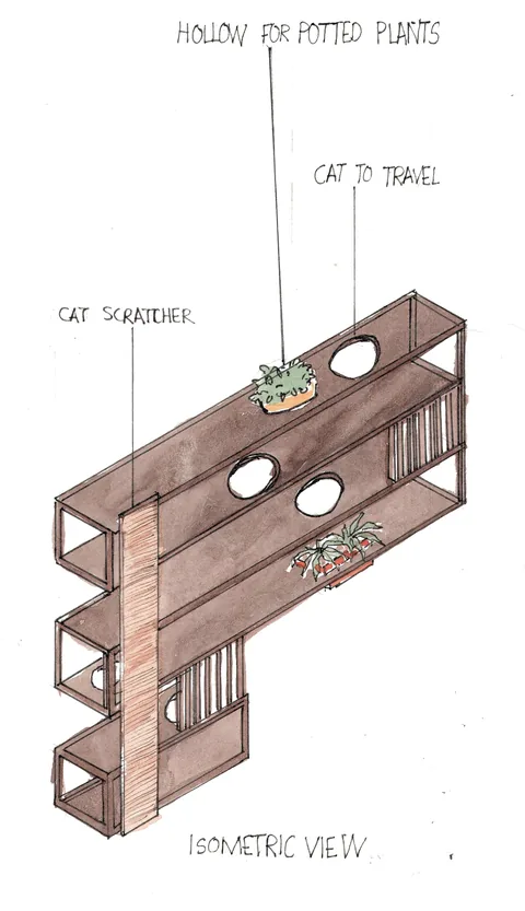 Isometric watercolour of a timber cat shelf with round openings and plants.