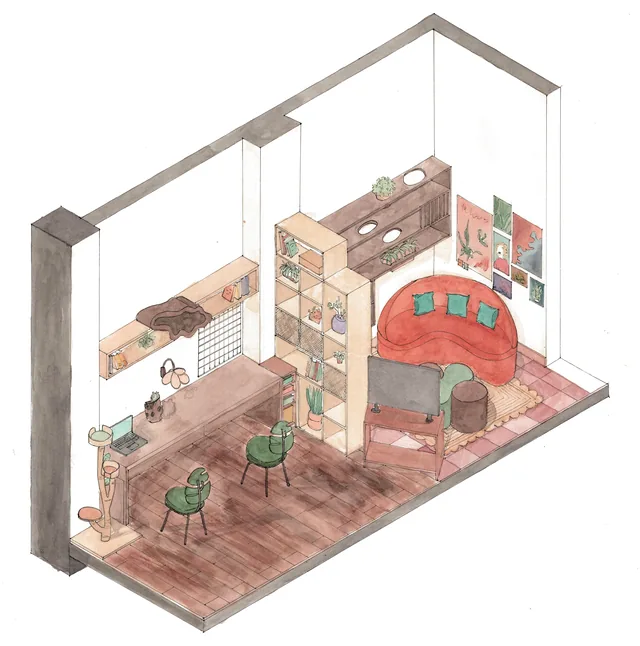 Isometric of the studio apartment.