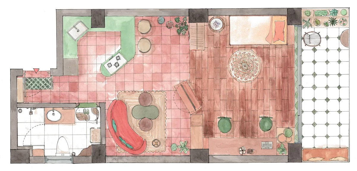 Sarah’s watercolour furniture plan of a studio apartment.