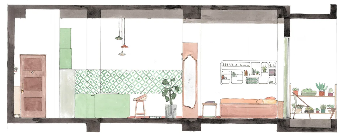 Section B–B′ of the studio apartment.