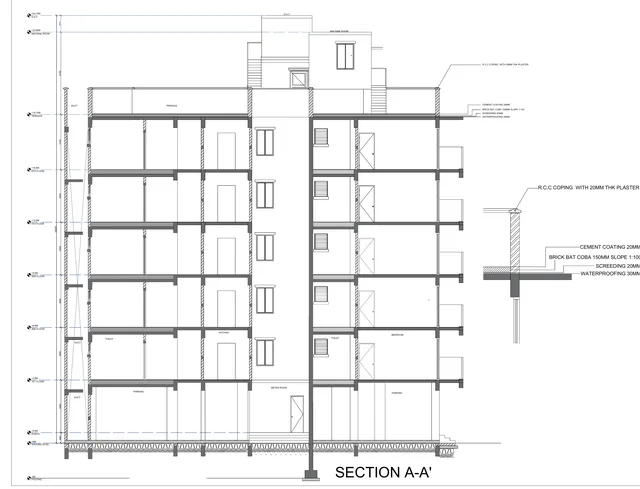 Working-drawing section through a five-storey residential building.